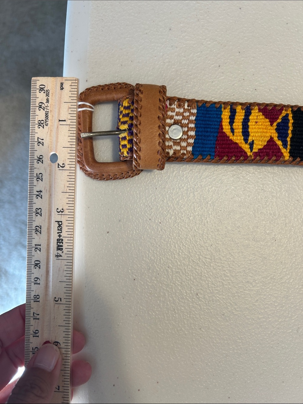 Vintage Handwoven Belt with Blue, Yellow, Burgundy & Tan Details #1